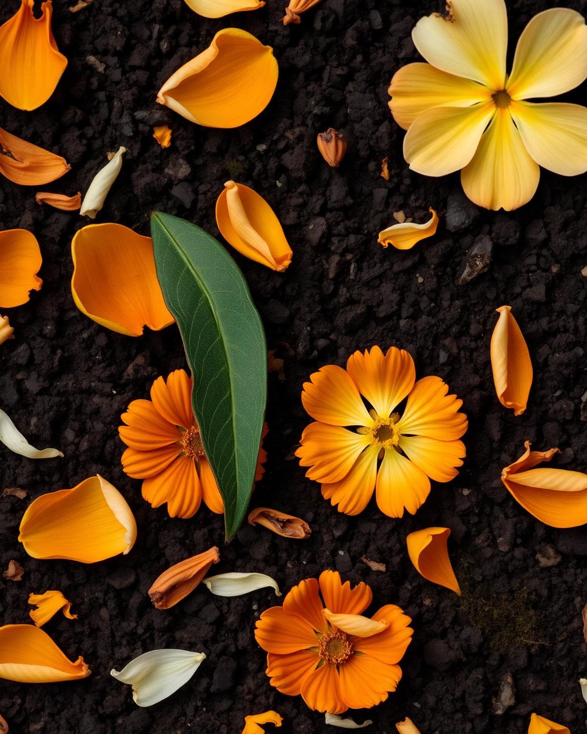 Marigold petals on dark soil