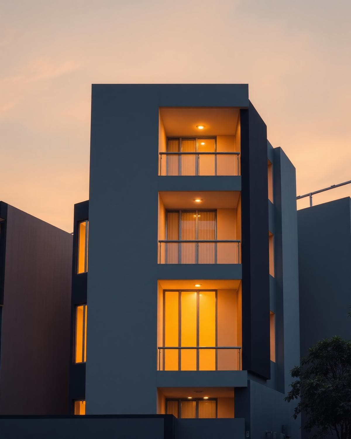 Modern residential building at dusk