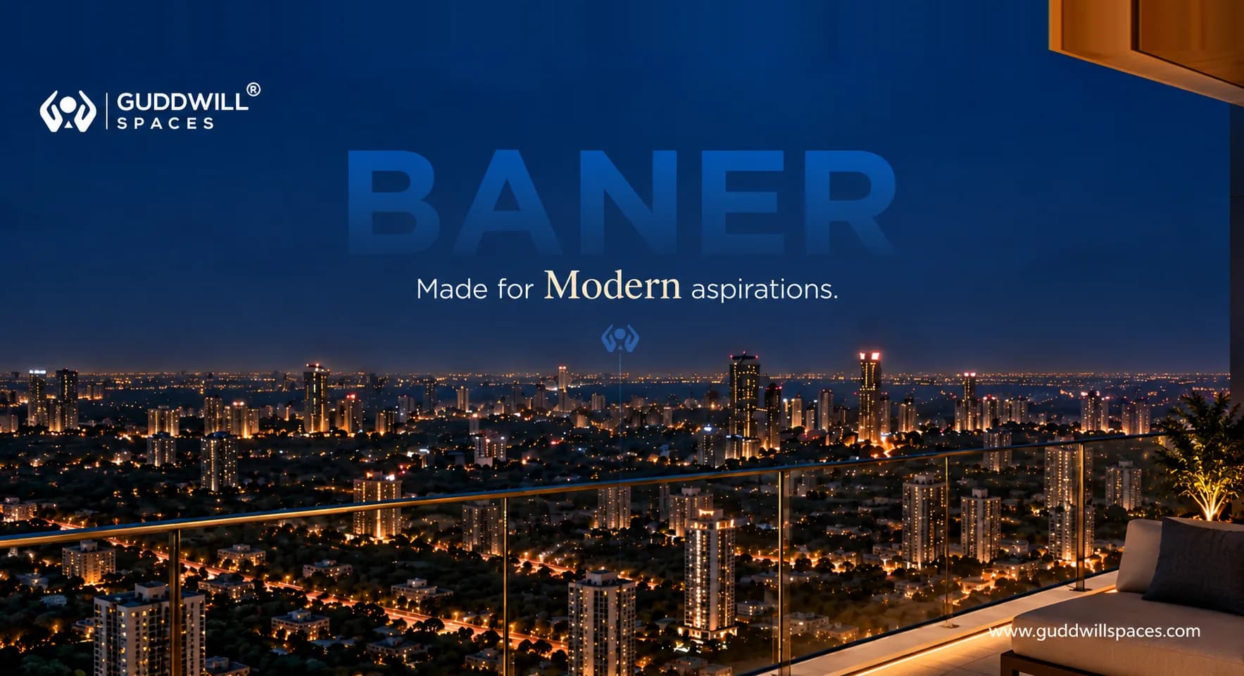 Night view of Baner, Pune from a high-rise balcony. Baner: made for modern aspirations, by Guddwill Spaces and RVN.